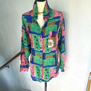 Stunt Vintage Womens Pink Green Blue SILK Button down BlouseSize Large